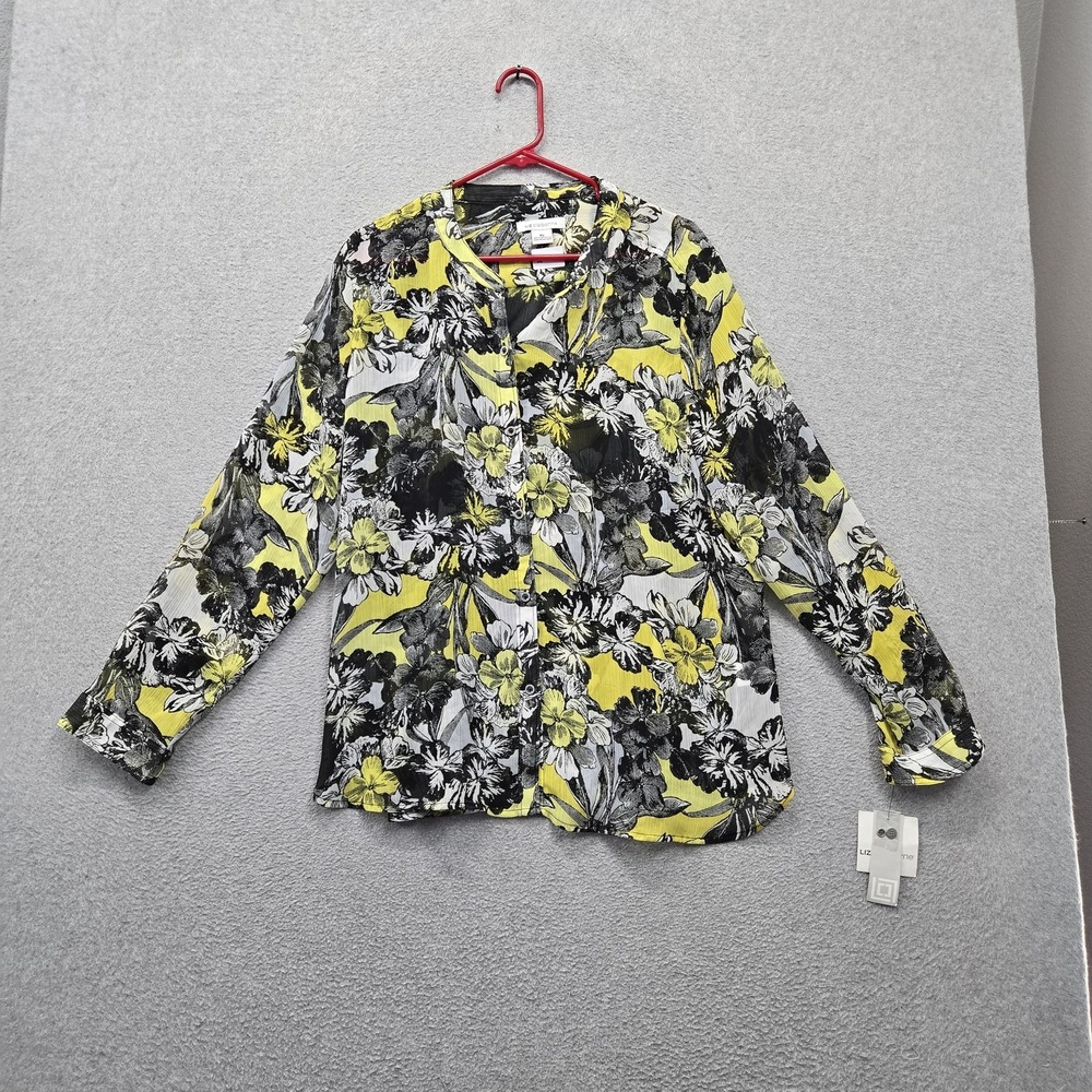 Liz Claiborne Women Blouse XL Yellow Floral Button Up Shirt Back To NWT